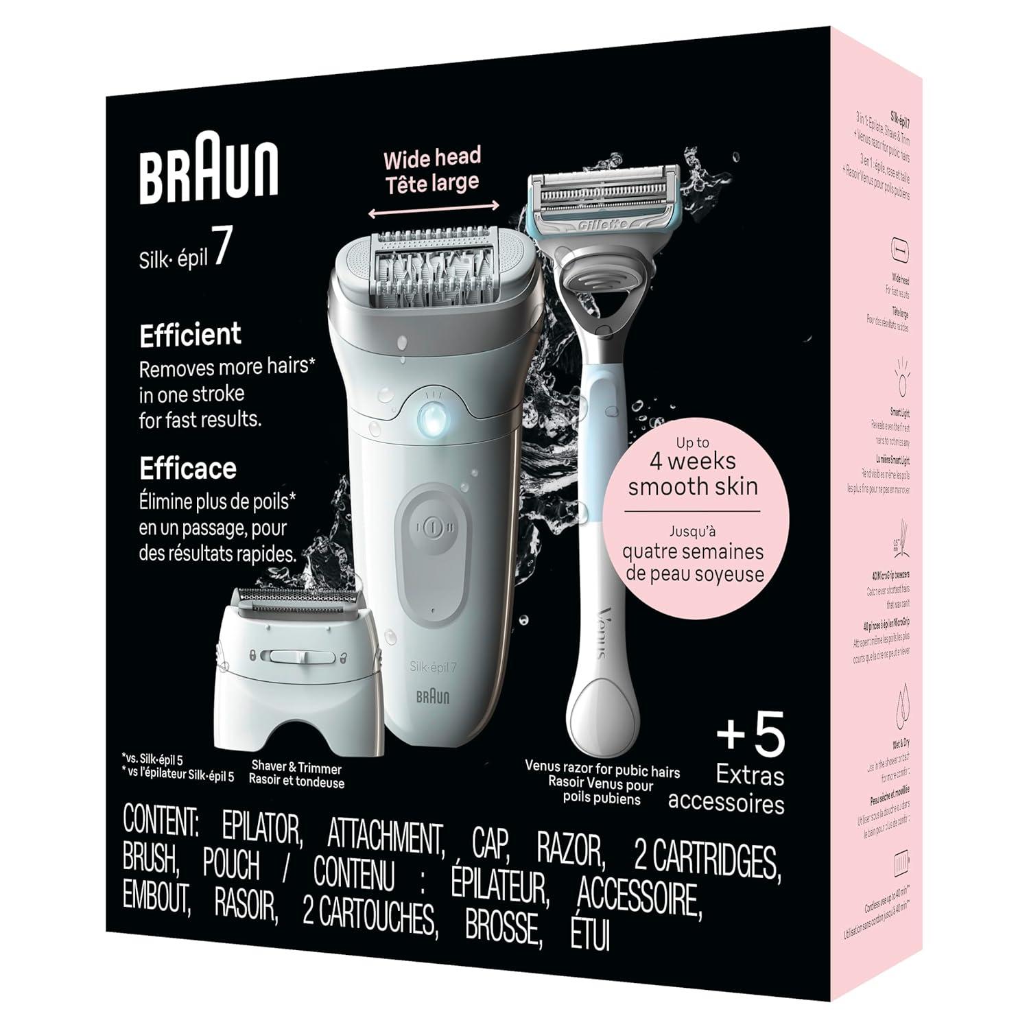 Braun Epilator Silk-épil 7, Hair Removal Device, Women Shaver & Trimmer, Wet and Dry, Wide Head, Includes Shaver Head and Trimmer Comb, SE7-041, Silver(7-141)