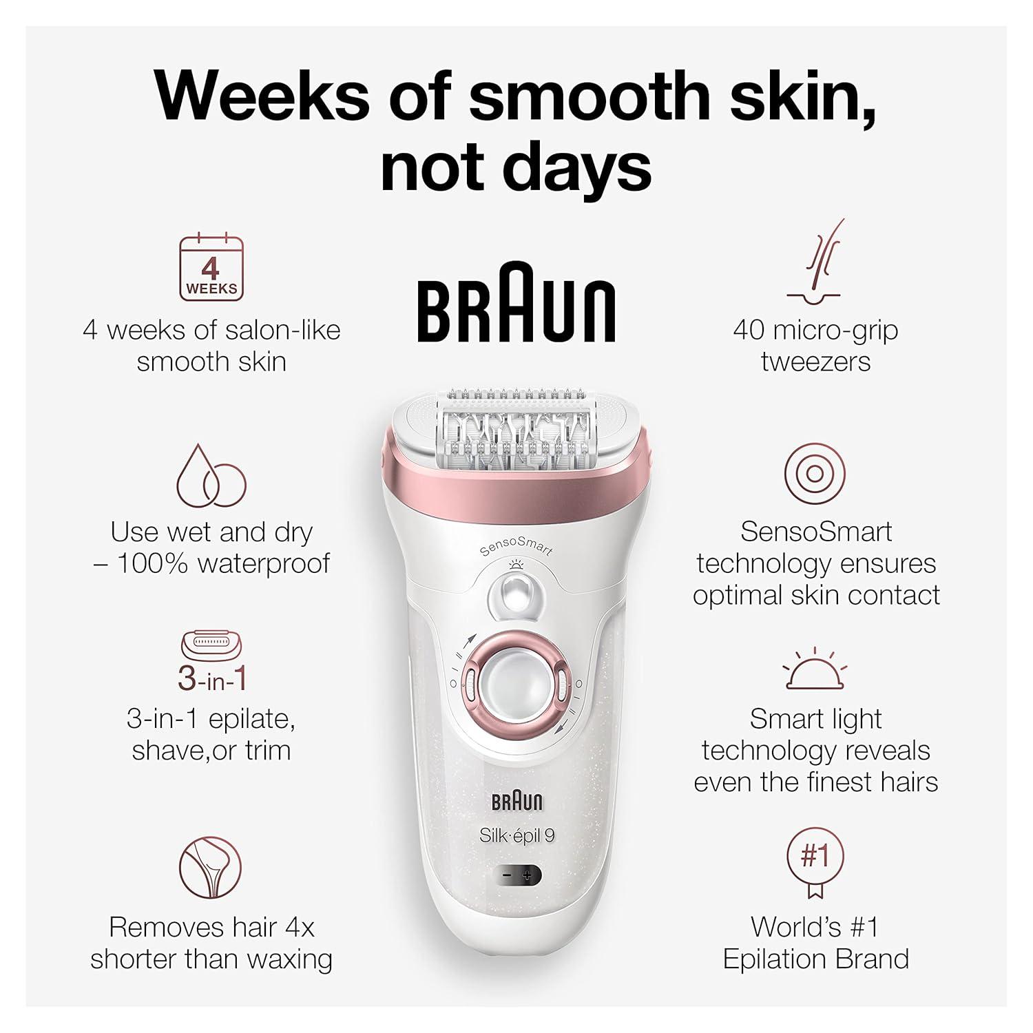 Braun Epilator Silk-épil 7, Hair Removal Device, Women Shaver & Trimmer, Wet and Dry, Wide Head, Includes Shaver Head and Trimmer Comb, SE7-041, Silver(SES9-720)
