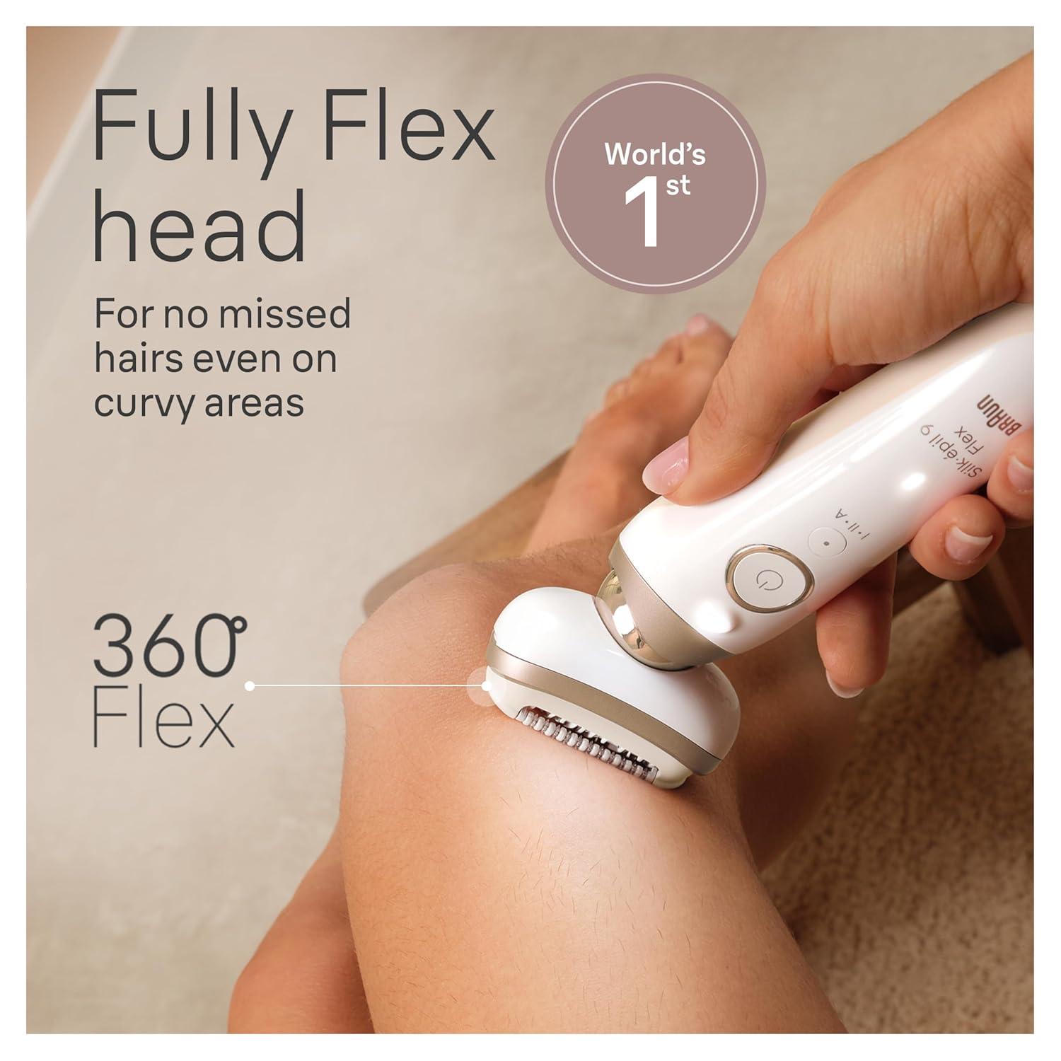 Braun Silk-épil 9 Flex Epilator, 360 Flex and Pivoting Head, Wet and Dry, Includes Shaver Head, Trimmer Comb, SES9-041 3D, Tinted Gold(9-041)