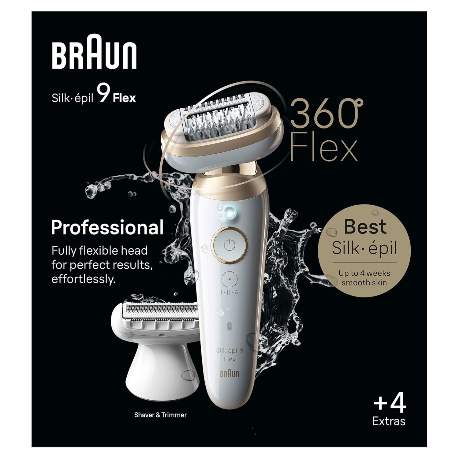 Braun Silk-épil 9 Flex Epilator, 360 Flex and Pivoting Head, Wet and Dry, Includes Shaver Head, Trimmer Comb, SES9-041 3D, Tinted Gold(9-041)