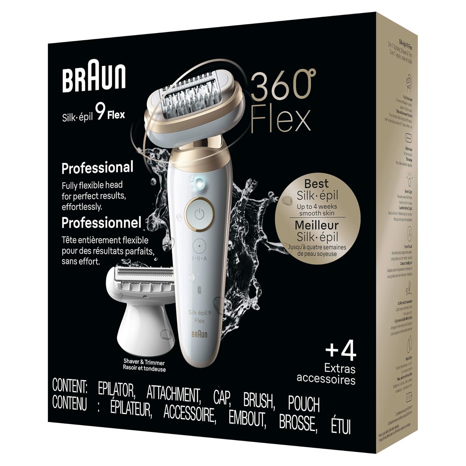Braun Silk-épil 9 Flex Epilator, 360 Flex and Pivoting Head, Wet and Dry, Includes Shaver Head, Trimmer Comb, SES9-041 3D, Tinted Gold(9-041)