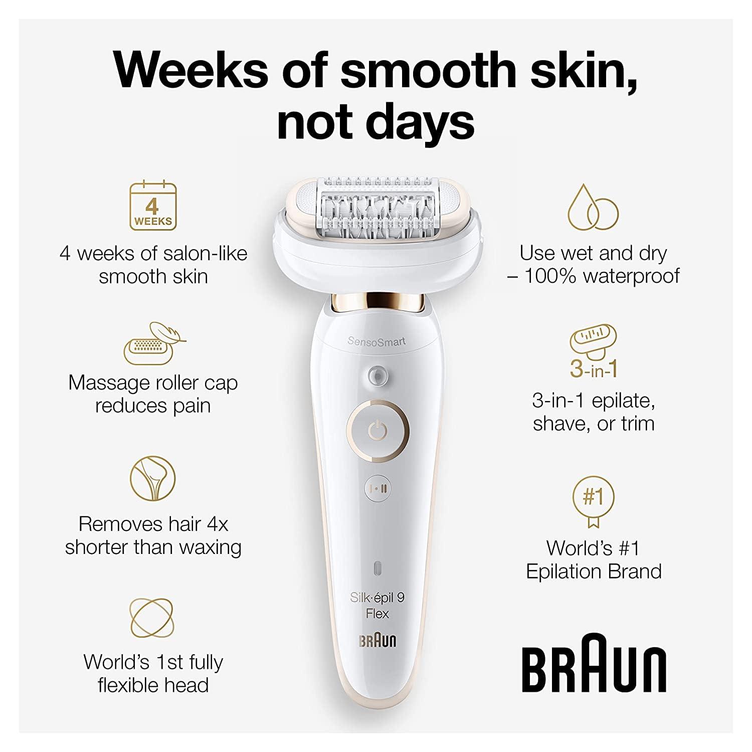 Braun Silk-épil 9 Flex Epilator, 360 Flex and Pivoting Head, Wet and Dry, Includes Shaver Head, Trimmer Comb, SES9-041 3D, Tinted Gold(SES9-020)