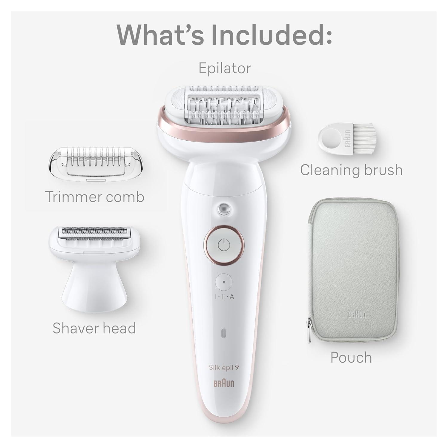 Braun Epilator Silk-épil 9, Hair Removal Device, Women Shaver & Trimmer, Pivoting Head, Wet and Dry Epilator, Includes Shaver Head and Trimmer Comb, SES9-030(9-030)