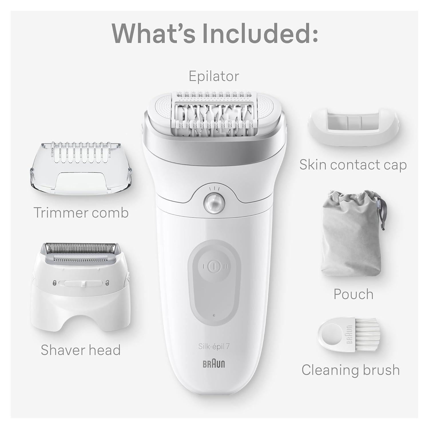 Braun Epilator Silk-épil 7, Hair Removal Device, Women Shaver & Trimmer, Wet and Dry, Wide Head, Includes Shaver Head and Trimmer Comb, SE7-041, Silver(7-041)