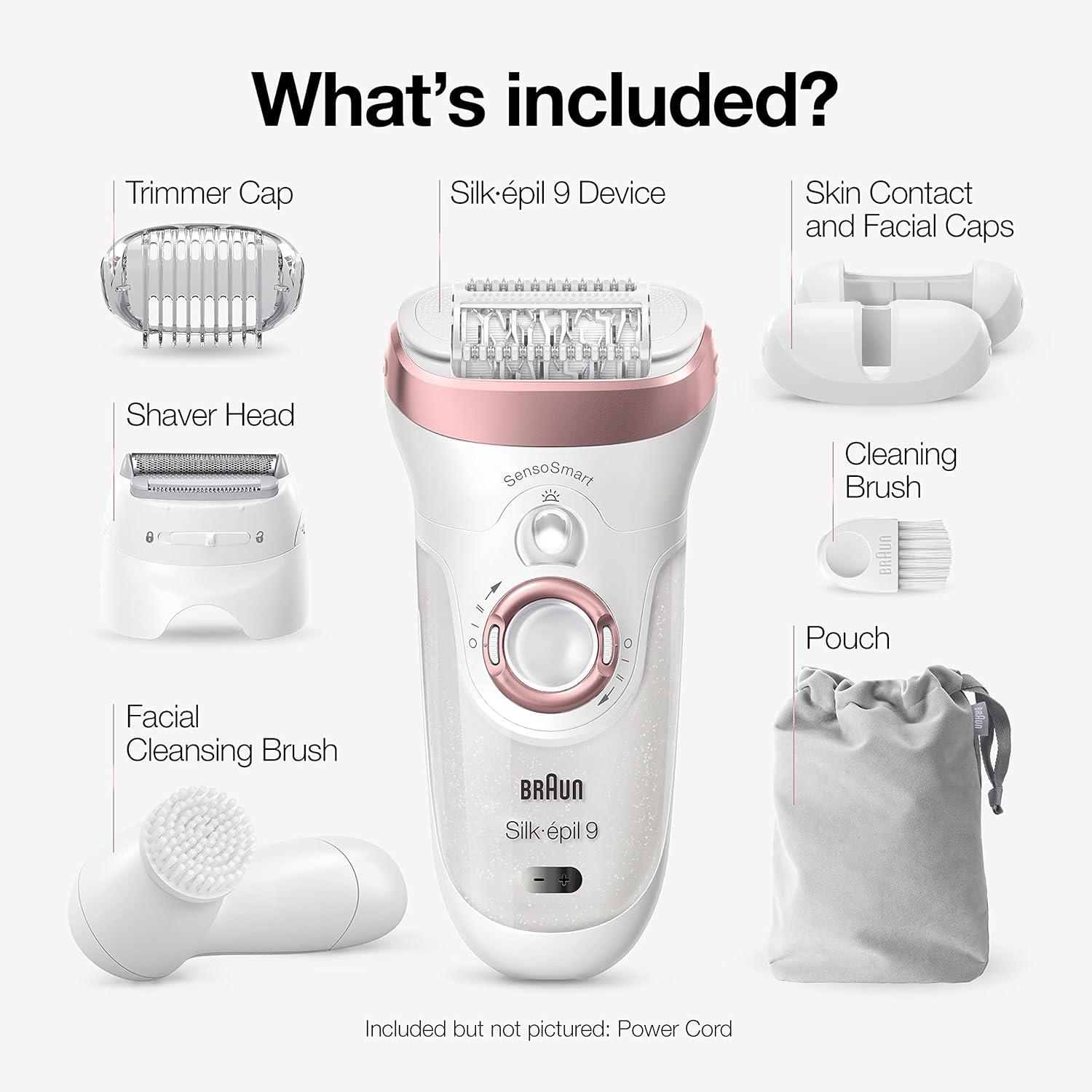 Braun Epilator Silk-épil 9, Hair Removal Device, Women Shaver & Trimmer, Pivoting Head, Wet and Dry Epilator, Includes Shaver Head and Trimmer Comb, SES9-030(SES9-880)