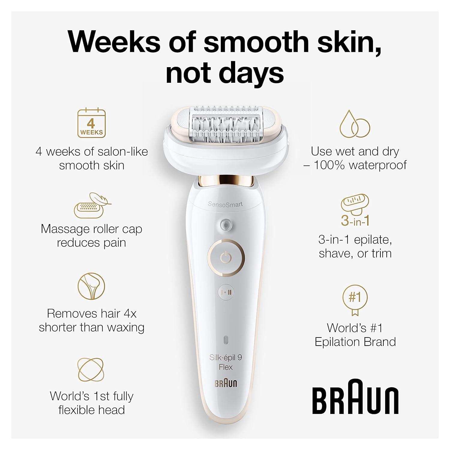 Braun Epilator Silk-épil 9, Hair Removal Device, Women Shaver & Trimmer, Pivoting Head, Wet and Dry Epilator, Includes Shaver Head and Trimmer Comb, SES9-030(SES9-300)