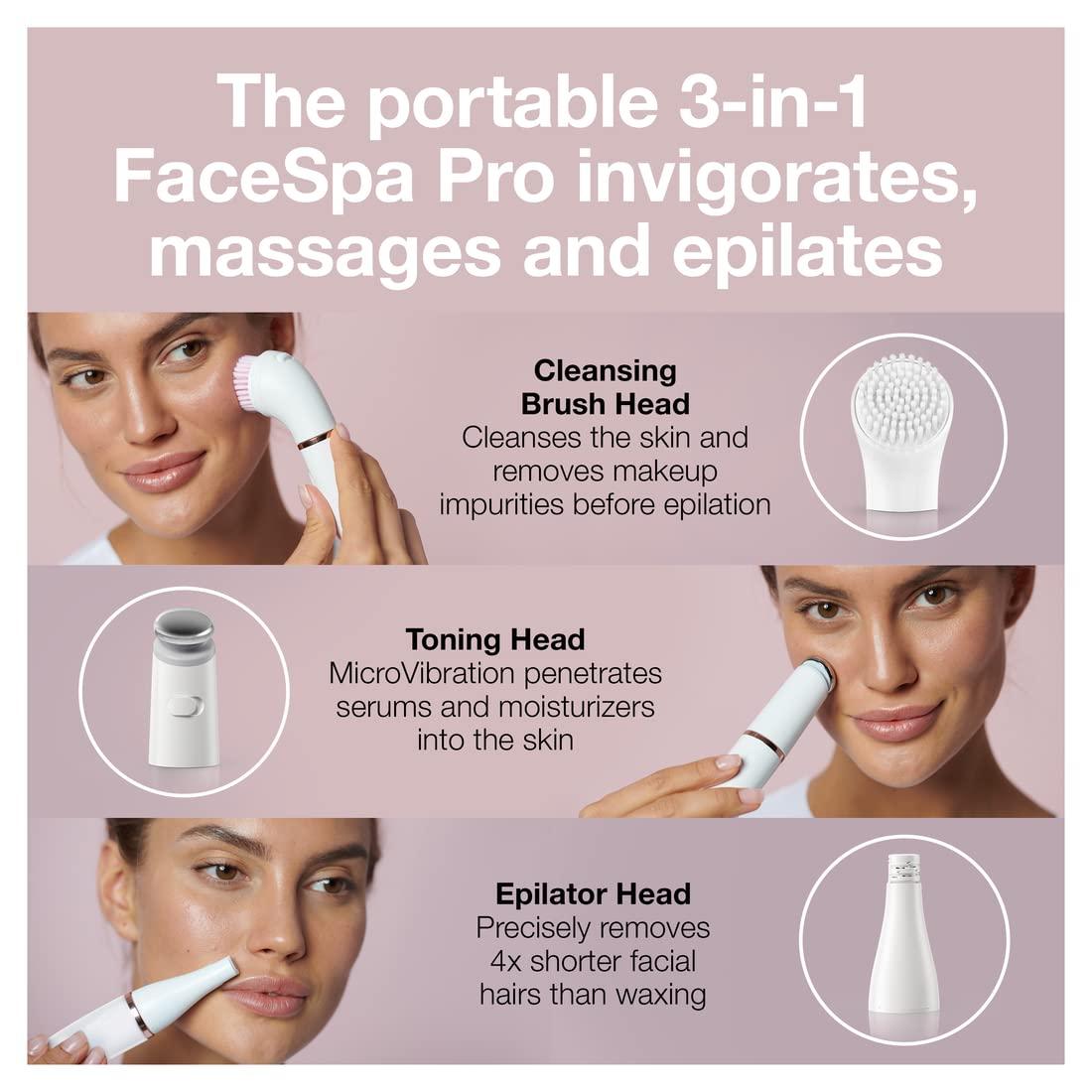 Braun Face Epilator Facespa Pro 911, Facial Hair Removal for Women, Hair Removal Device, 3-in-1 Epilating, Cleansing Brush and Skin Toning with 3 Extras