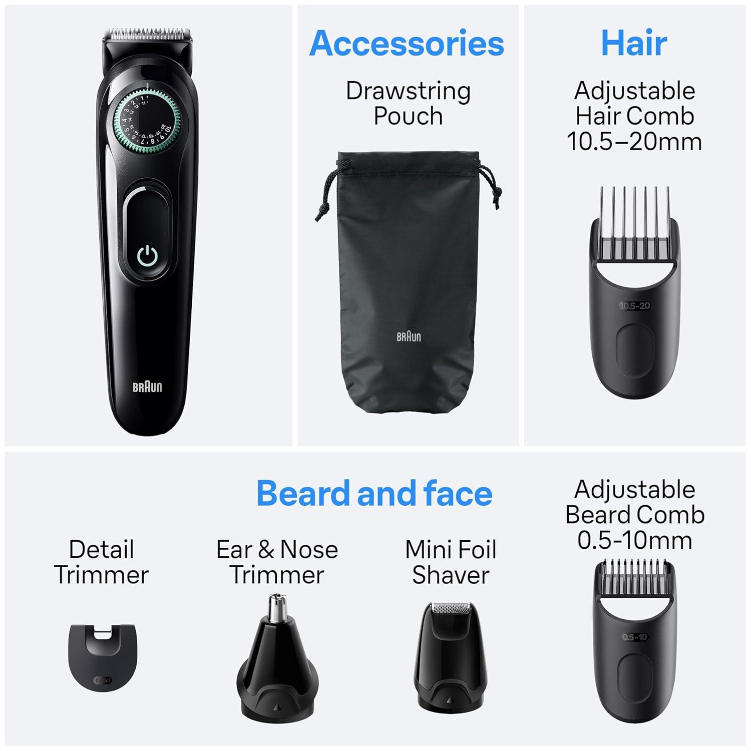 Braun All-in-One Style Kit Series 3 3470, 8-in-1 Trimmer for Men with BeardTrimmer, Ear & NoseTrimmer, Hair Clippers & More, Ultra-Sharp Blade, 40 Length Settings, Washable(Silver)