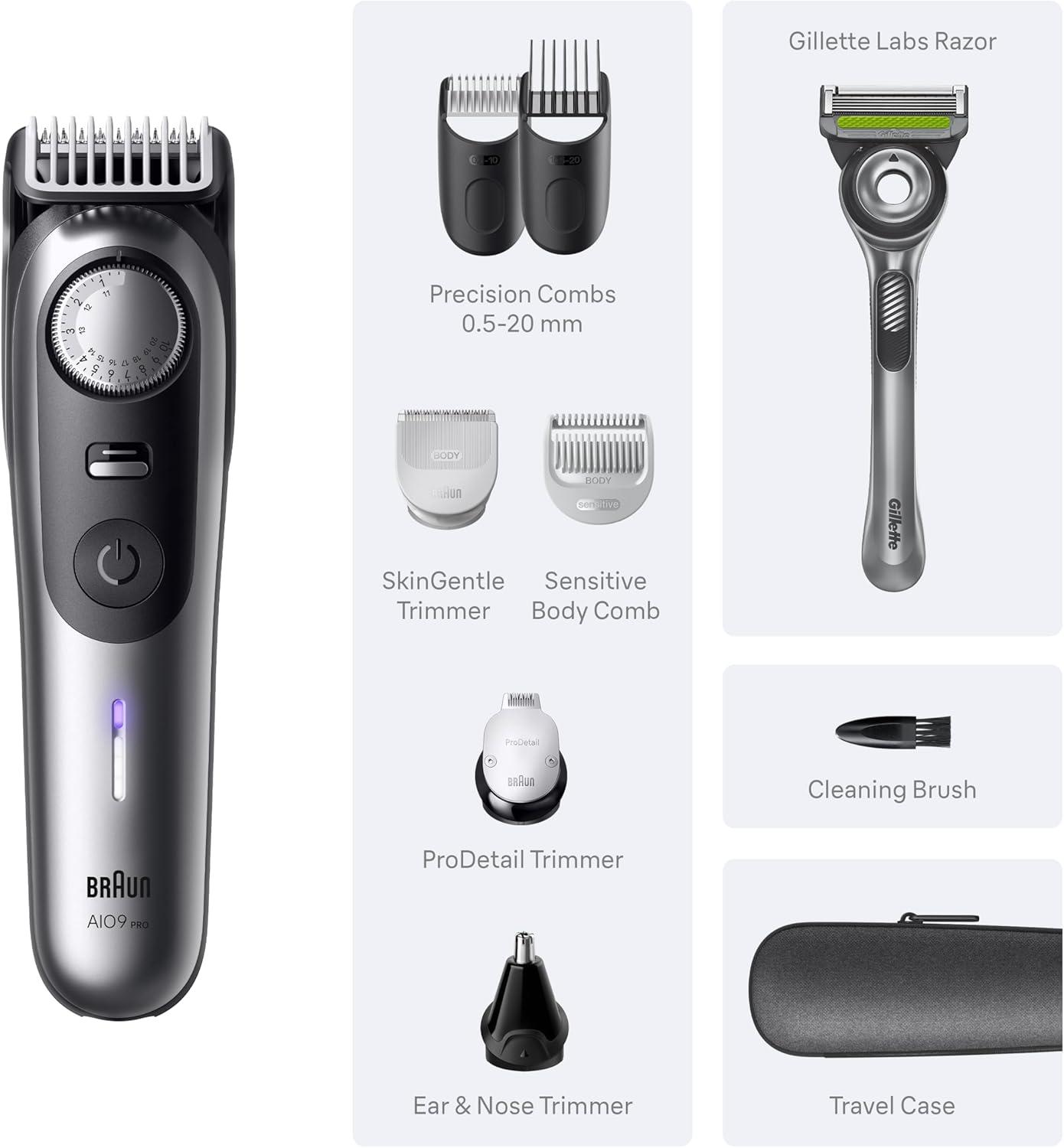Braun Series 9 PRO All-in-One Beard & Body Grooming Kit for Men, Cordless Trimmer, Hair Clippers & Shaver for Face, Hair & Body with Gillette Labs Razor, AIO 9550(AIO9550)