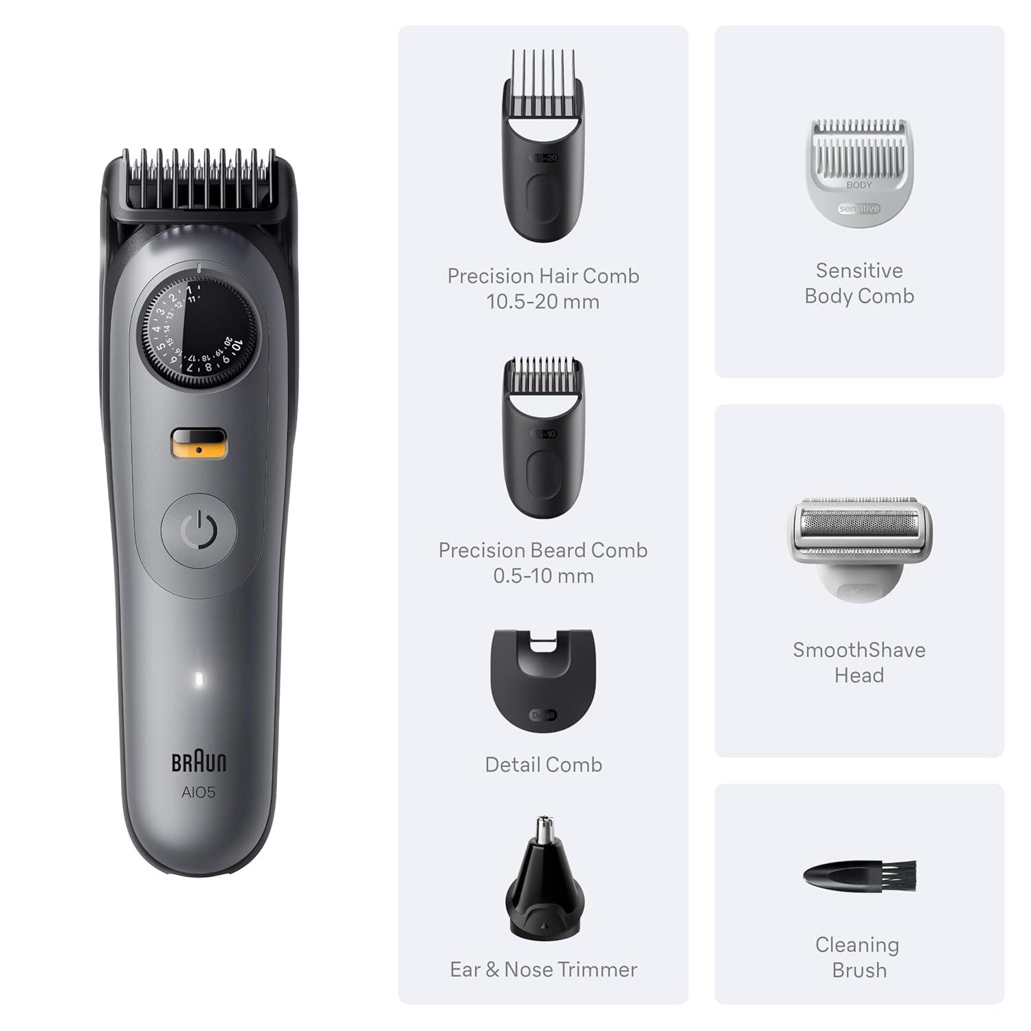 Braun Series 5 All-in-One Beard & Body Grooming Kit for Men, Cordless Trimmer, Hair Clippers & Shaver for Face, Hair & Body with Smooth Shave Head, AIO 5510