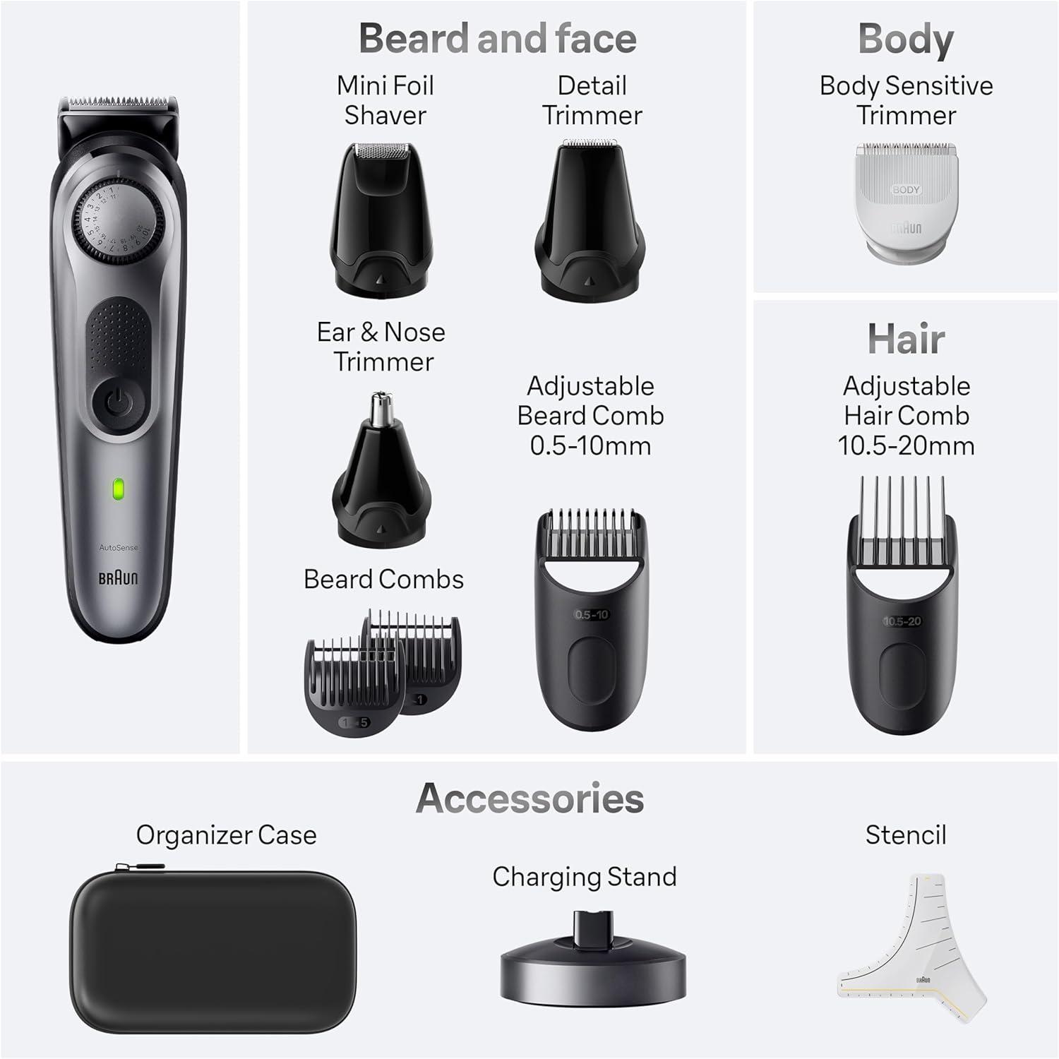Braun All-in-One Men’s Shaving Kit Series 7 7420, 11-in-1 Beard, Face, Nose, Ear Trimmer, Hair Clippers, Body Groomer and Manscaping(Silver)