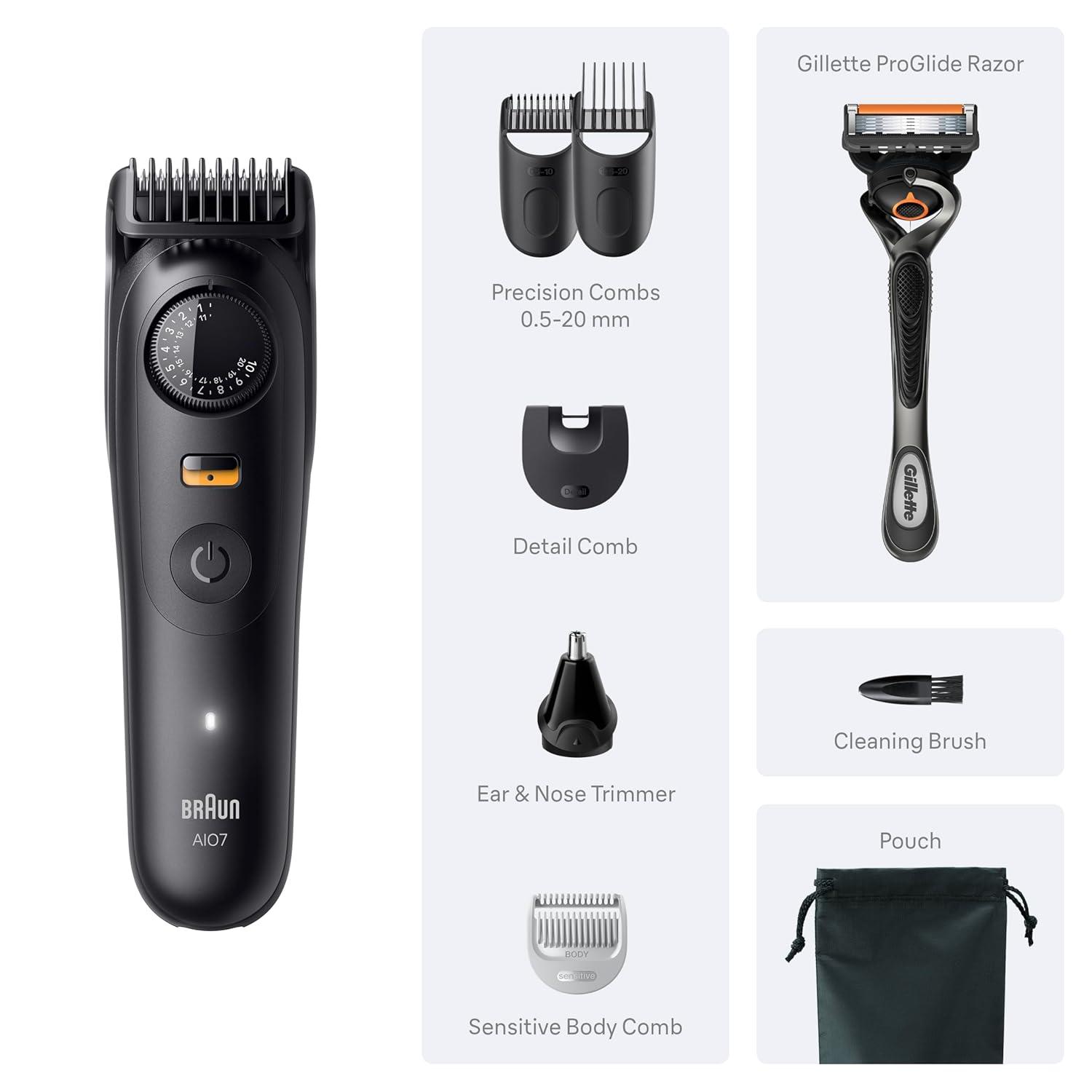 Braun Series 7 All-in-One Beard & Body Grooming Kit for Men, Cordless Trimmer, Hair Clippers & Shaver for Face, Hair & Body with Gillette ProGlide Razor, AIO 7530