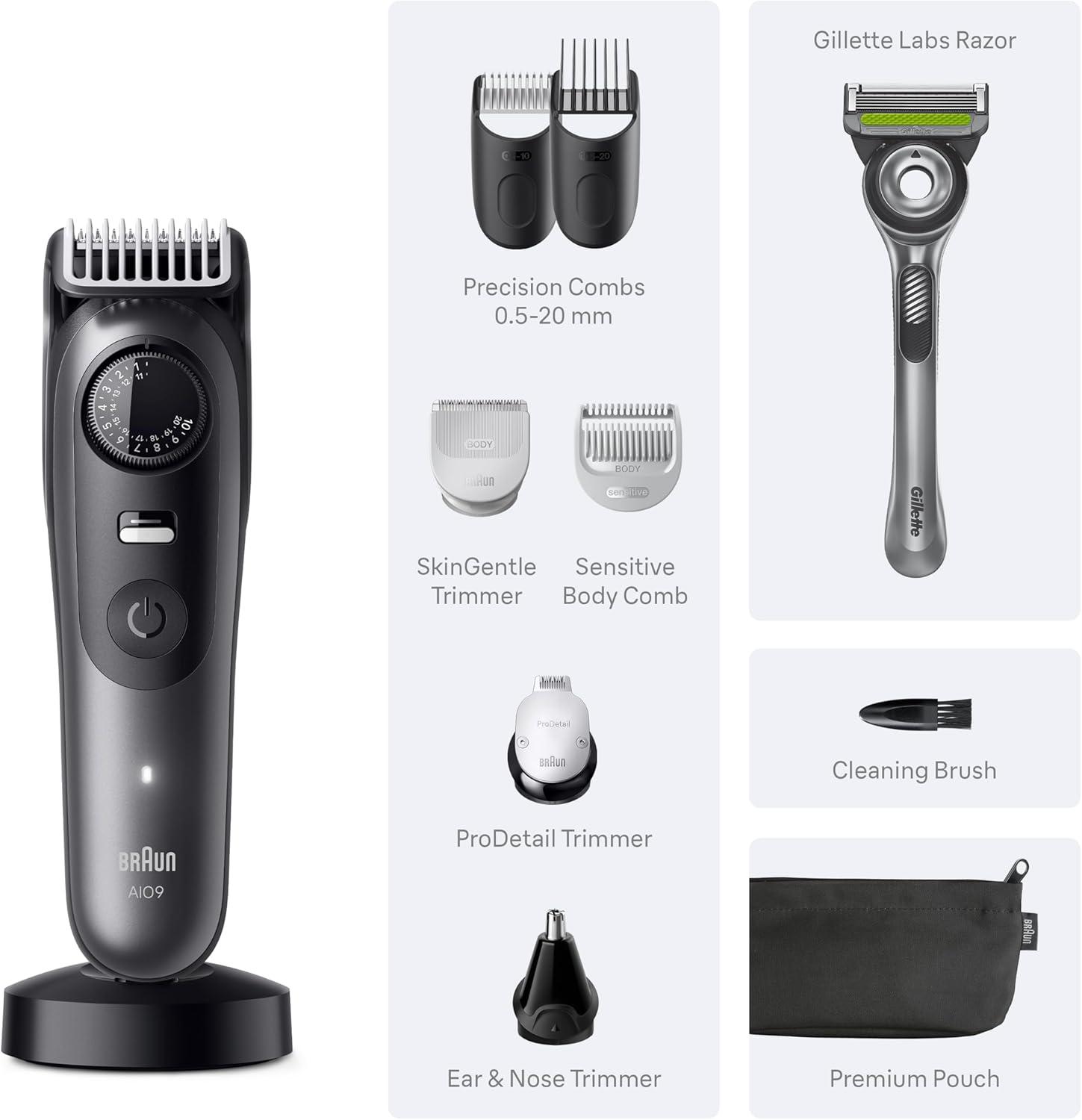 Braun Series 9 All-in-One Beard & Body Grooming Kit for Men, Cordless Trimmer, Hair Clippers & Shaver for Face, Hair & Body with Gillette Labs Razor, AIO 9530(AIO9535)