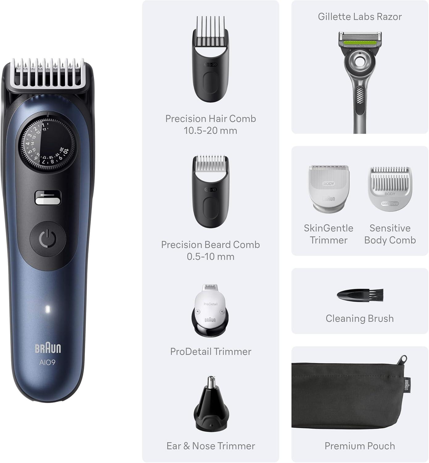 Braun Series 9 All-in-One Beard & Body Grooming Kit for Men, Cordless Trimmer, Hair Clippers & Shaver for Face, Hair & Body with Gillette Labs Razor, AIO 9530(AIO9530)