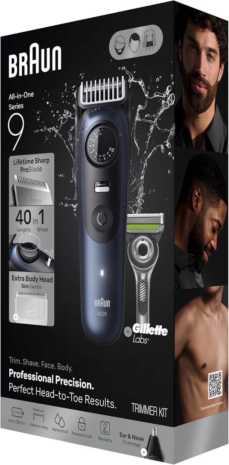 Braun Series 9 All-in-One Beard & Body Grooming Kit for Men, Cordless Trimmer, Hair Clippers & Shaver for Face, Hair & Body with Gillette Labs Razor, AIO 9530(AIO9530)