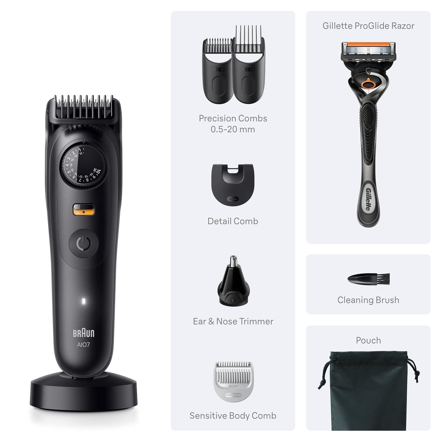 Braun Series 7 All-in-One Beard & Body Grooming Kit for Men, Cordless Trimmer, Hair Clippers & Shaver for Face, Hair & Body with Gillette ProGlide Razor, AIO 7535