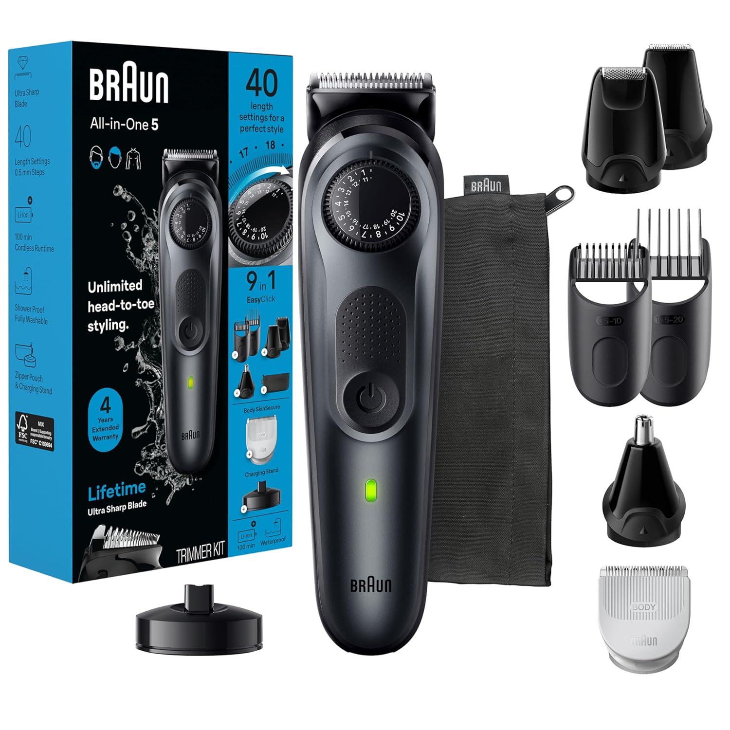 Braun All-in-One Men’s Shaving Kit Series 5 5490, 9-in-1 Beard, Face, Nose, Ear Trimmer, Hair Clippers, Body Groomer and Manscaping