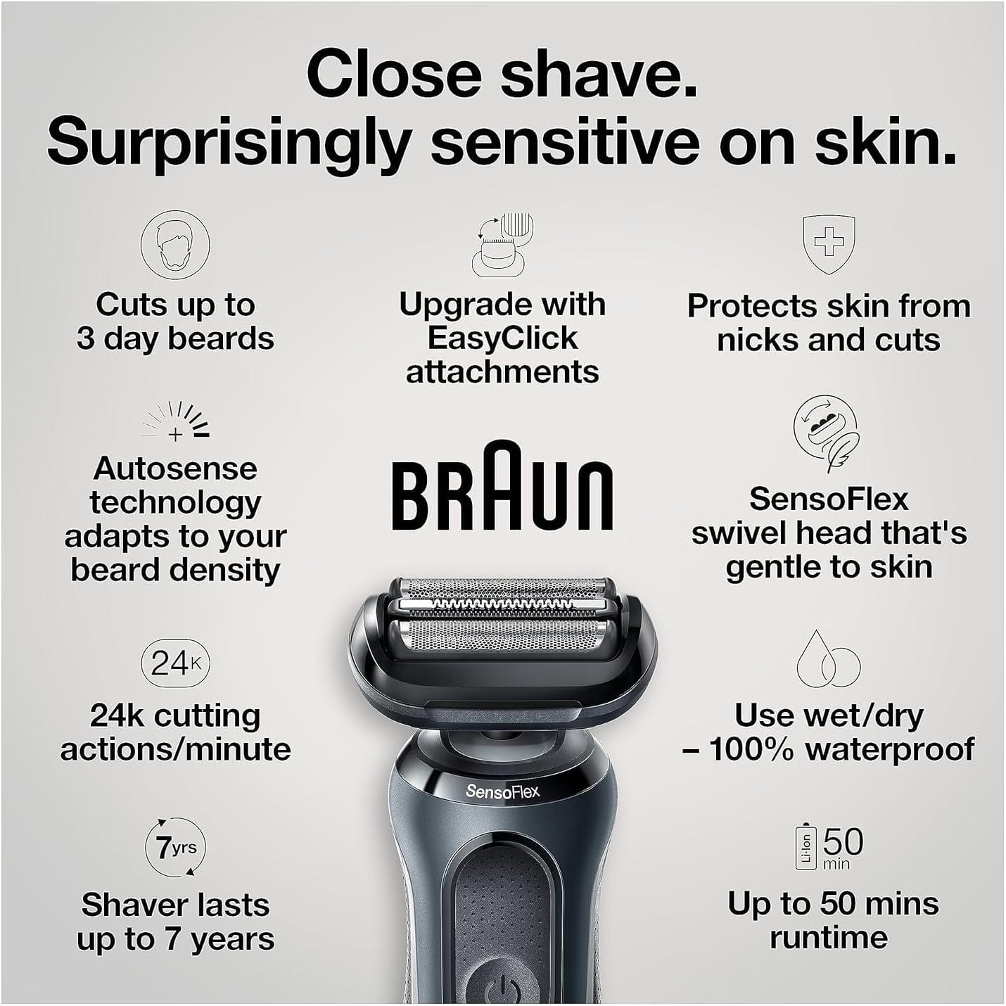 Braun Electric Shaver for Men, Series 6 6177cc, Wet & Dry Shave, Turbo & Gentle Shaving Modes, Foil Shaver, Blue(6046cs)