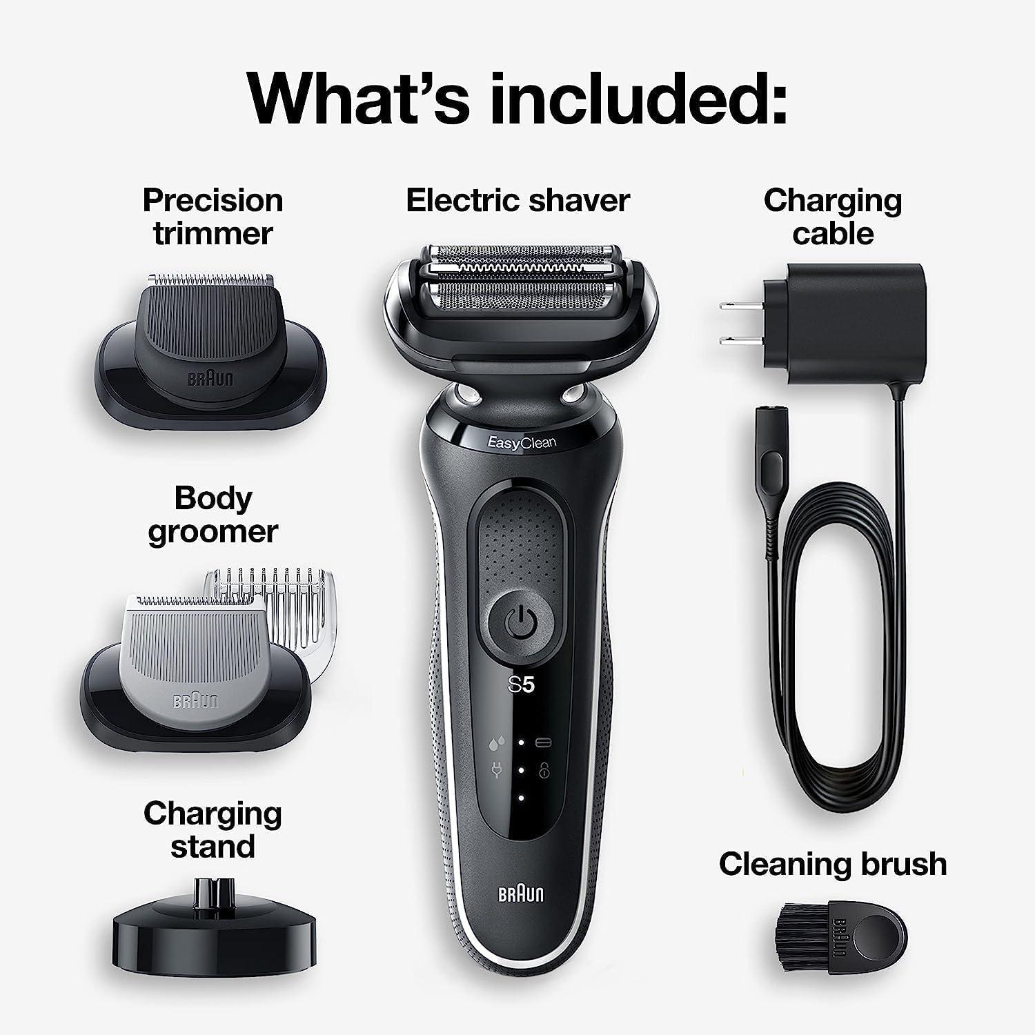 Braun Electric Shaver for Men, Series 5 5150cs, Wet & Dry Razor, Turbo Shaving Mode, Foil Shaver, with Beard Trimmer, Body Groomer and Charging Stand, Blue(Silver)
