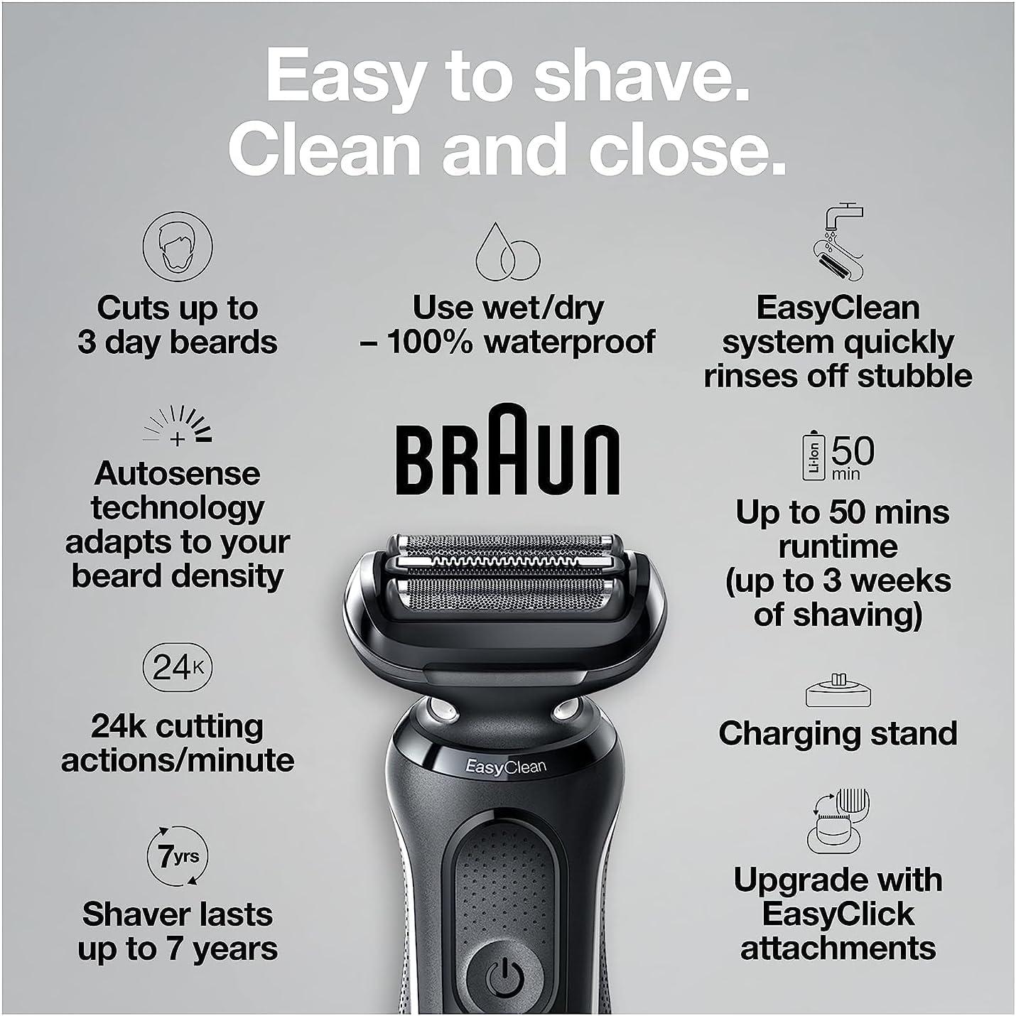 Braun Electric Shaver for Men, Series 5 5150cs, Wet & Dry Razor, Turbo Shaving Mode, Foil Shaver, with Beard Trimmer, Body Groomer and Charging Stand, Blue(Silver)