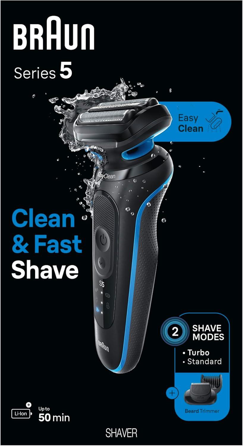 Braun Electric Shaver for Men, Series 5 5150cs, Wet & Dry Razor, Turbo Shaving Mode, Foil Shaver, with Beard Trimmer, Body Groomer and Charging Stand, Blue(Blue)