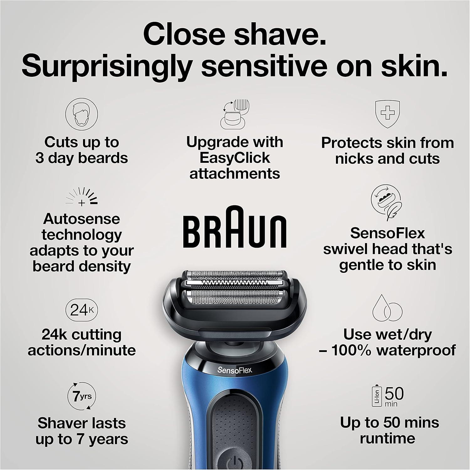Braun Electric Shaver for Men, Series 6 6177cc, Wet & Dry Shave, Turbo & Gentle Shaving Modes, Foil Shaver, Blue(6072cs)