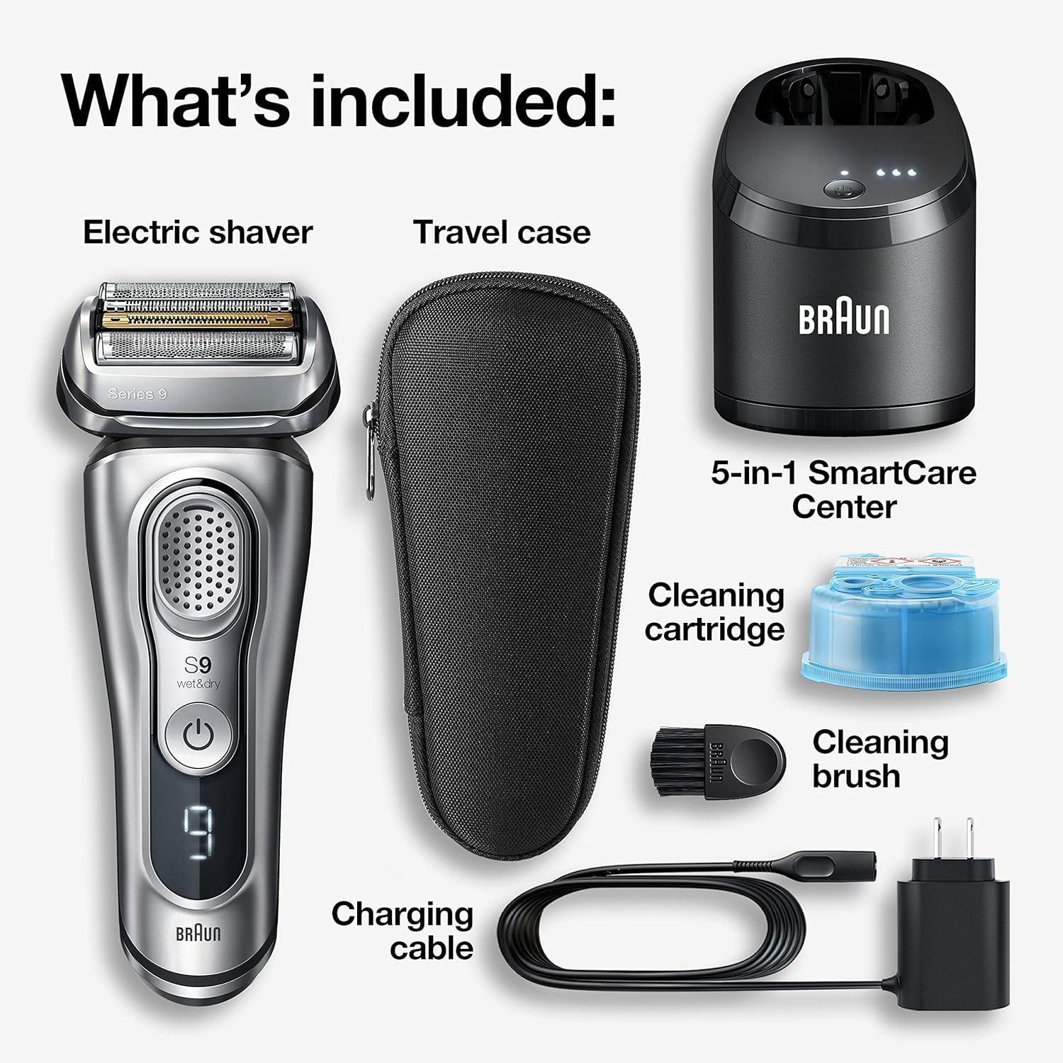 Braun Electric Razor for Men With Precision Beard Trimmer, Rechargeable, Wet & Dry Foil Shaver, Clean & Charge Station & Travel Case, Silver, 3 Piece Set(9370cc Shaver)
