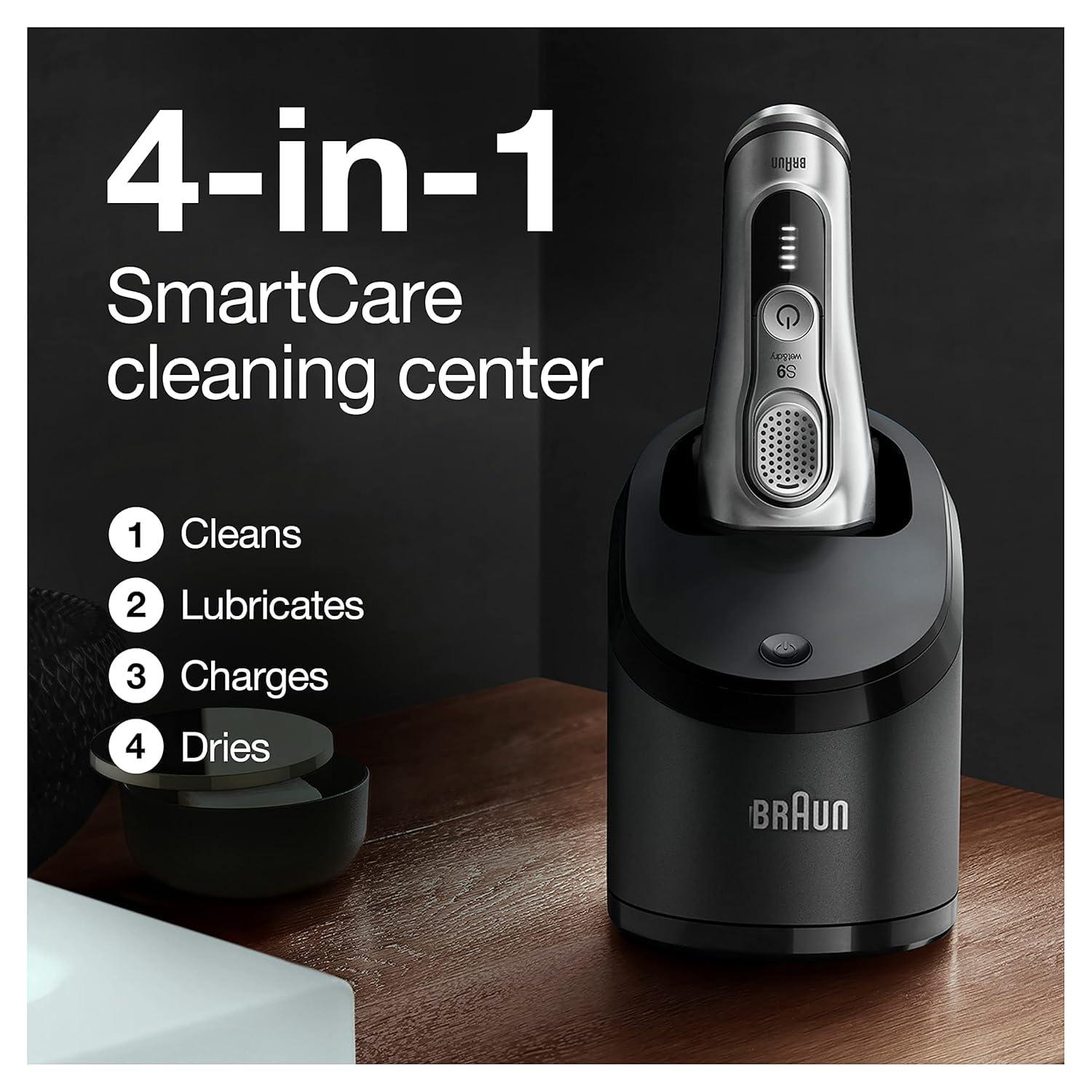 Braun Electric Razor for Men With Precision Beard Trimmer, Rechargeable, Wet & Dry Foil Shaver, Clean & Charge Station & Travel Case, Silver, 3 Piece Set(9370cc Shaver)