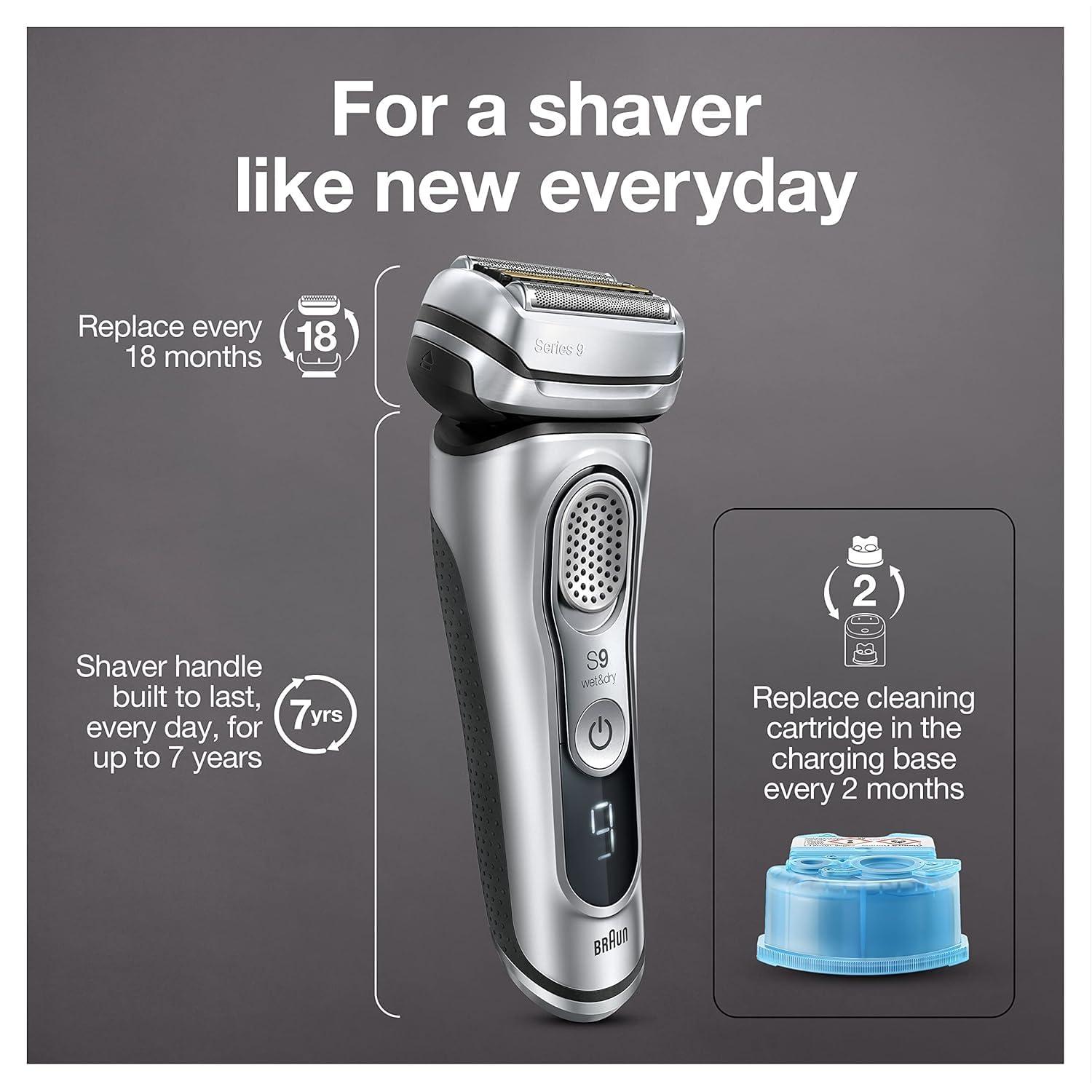 Braun Electric Razor for Men With Precision Beard Trimmer, Rechargeable, Wet & Dry Foil Shaver, Clean & Charge Station & Travel Case, Silver, 3 Piece Set(9370cc Shaver)