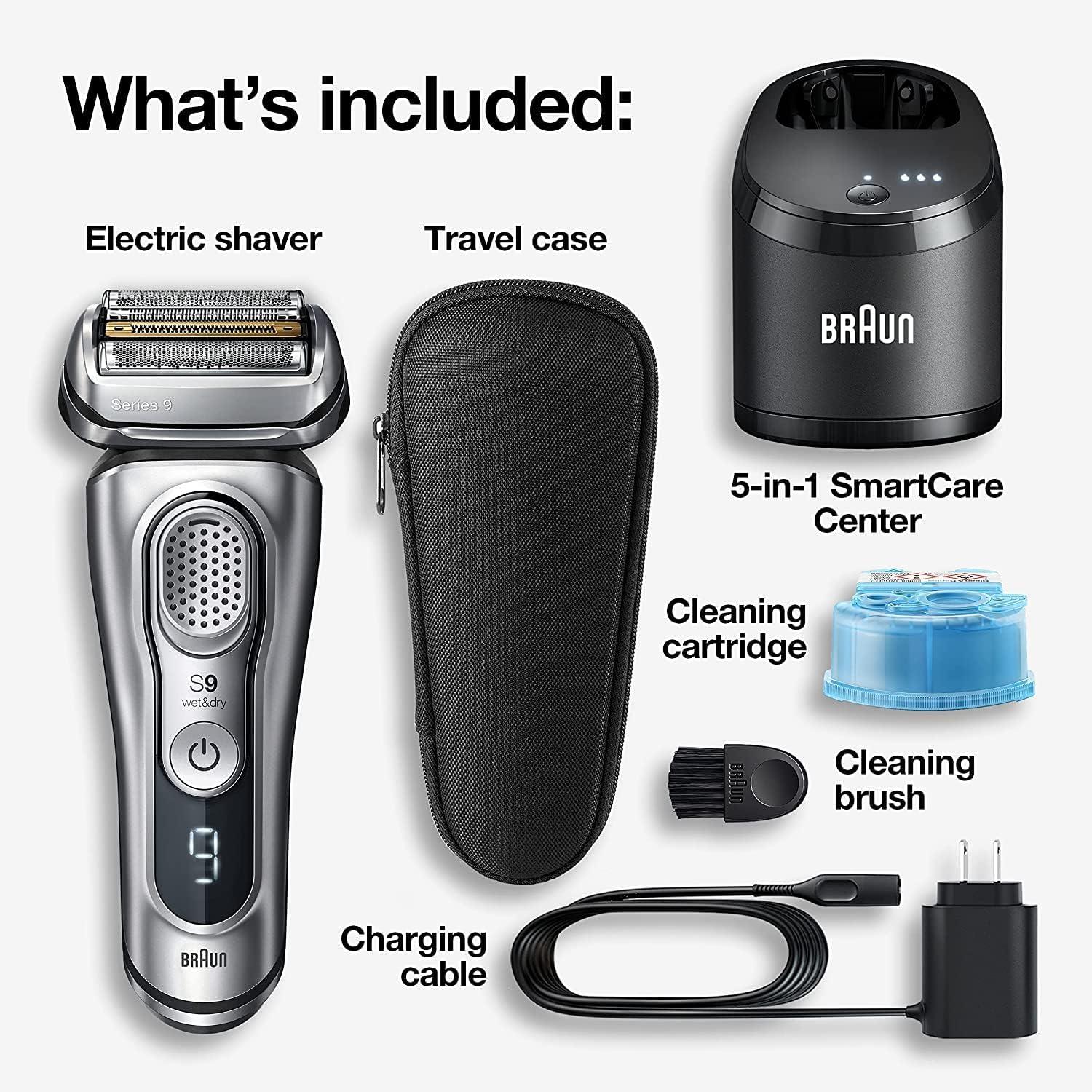 Braun Electric Razor for Men With Precision Beard Trimmer, Rechargeable, Wet & Dry Foil Shaver, Clean & Charge Station & Travel Case, Silver, 3 Piece Set(9390cc Shaver)