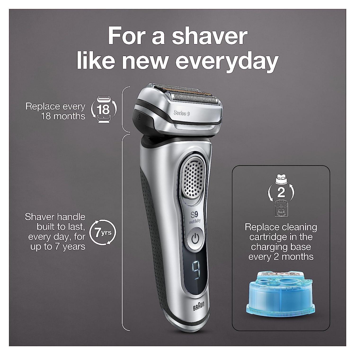 Braun Electric Razor for Men With Precision Beard Trimmer, Rechargeable, Wet & Dry Foil Shaver, Clean & Charge Station & Travel Case, Silver, 3 Piece Set(9390cc Shaver)