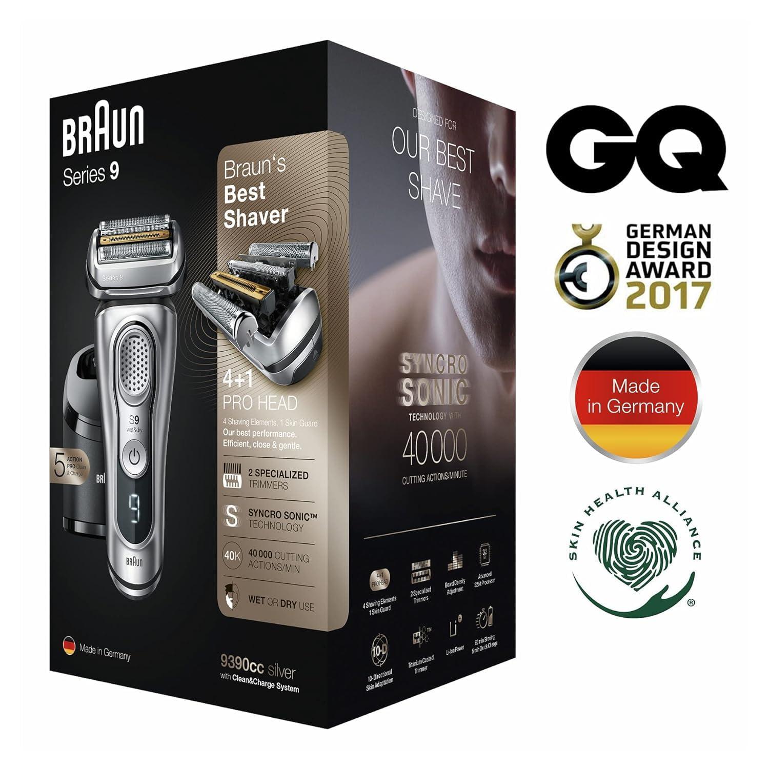 Braun Electric Razor for Men With Precision Beard Trimmer, Rechargeable, Wet & Dry Foil Shaver, Clean & Charge Station & Travel Case, Silver, 3 Piece Set(9390cc Shaver)